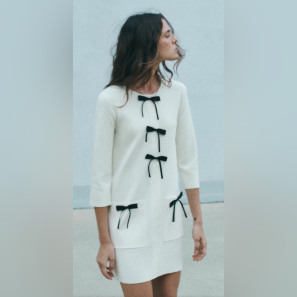Zara Short Knit Dress with Black Bows | NWT